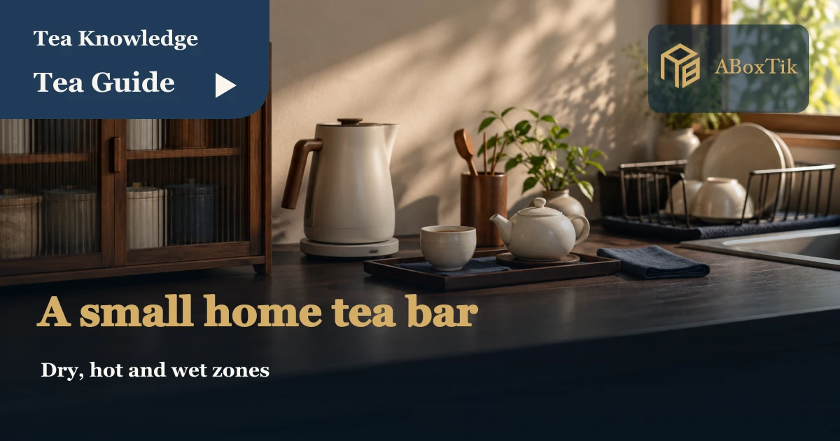 Compact home tea bar with tea packets, kettle, cups and a drip tray