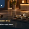 Tea tray and blank welcome card in a reception lounge
