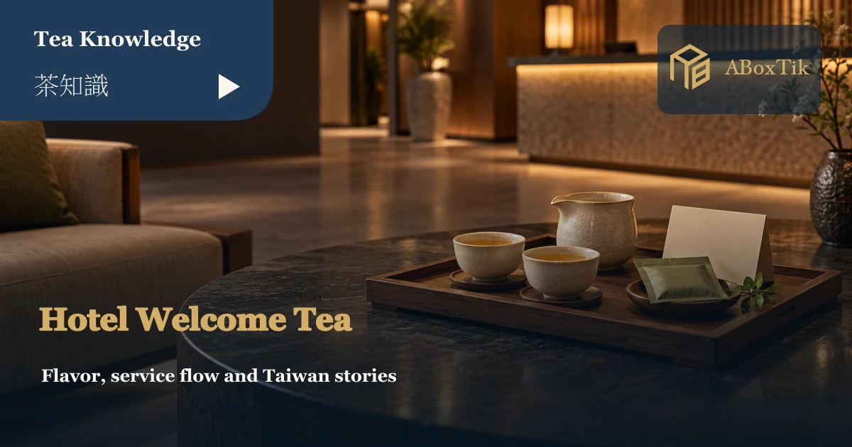 Tea tray and blank welcome card in a reception lounge
