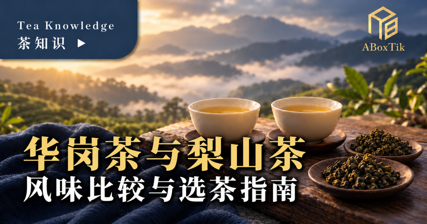 两杯高山乌龙茶置于暖色茶席，准备比较华岗与梨山茶