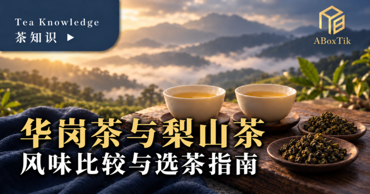 两杯高山乌龙茶置于暖色茶席，准备比较华岗与梨山茶