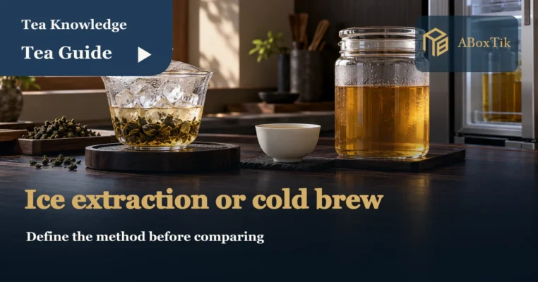 Ice-melt tea vs cold brew preparation scene with ice, tea leaves, a jar and collection vessel