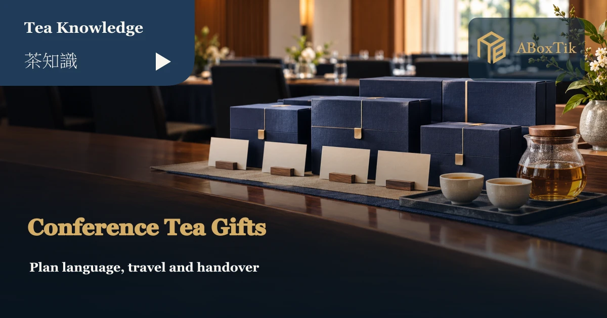 Plain navy tea gift boxes and blank cards in a conference setting