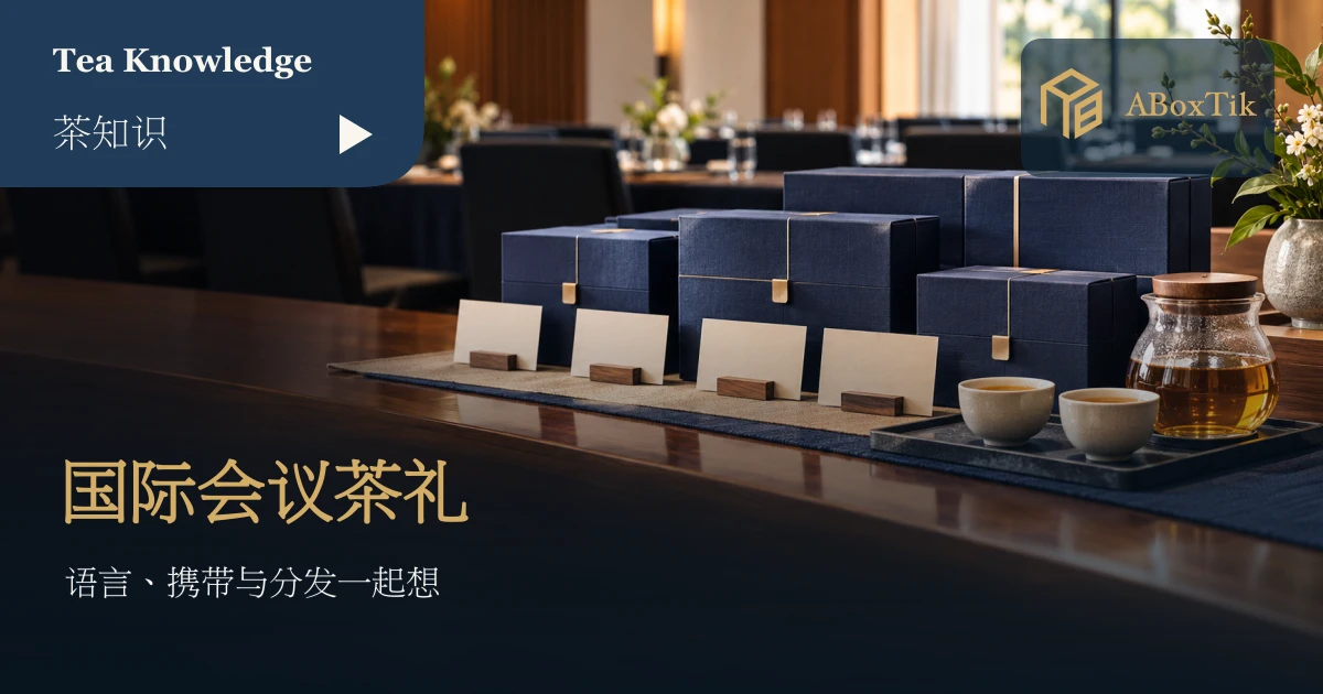 会议空间中的素色深蓝茶礼盒与空白卡片