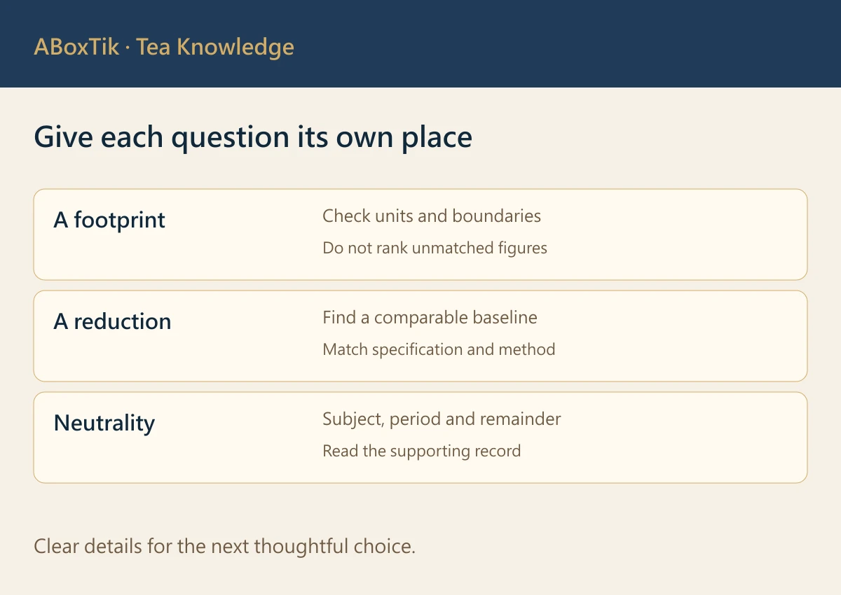 Comparison card for low-carbon tea units, baselines and supporting records