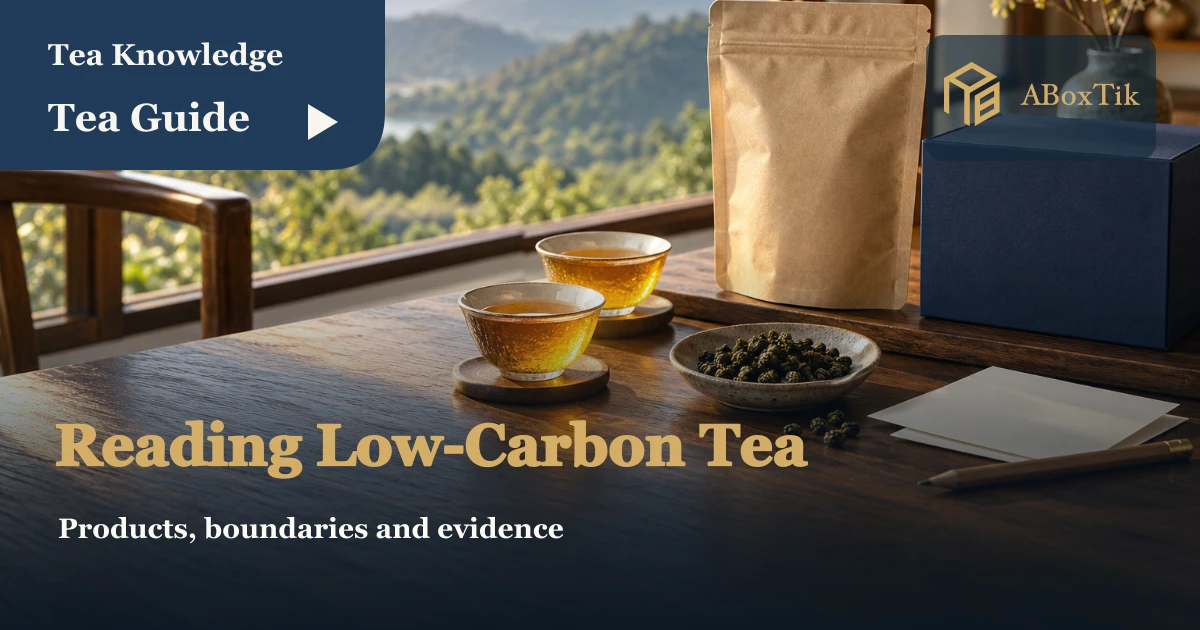 Tea cups, loose leaves and blank information cards on a table for reviewing low-carbon tea claims