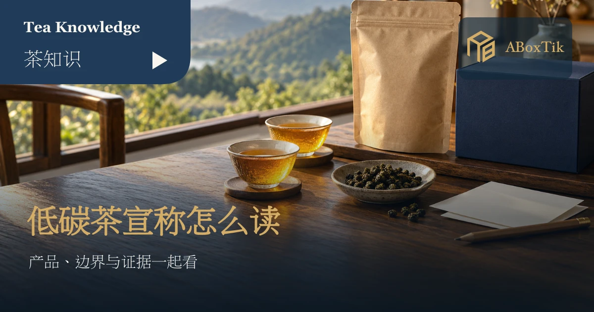 茶桌上的茶杯、茶叶与空白资料卡，呈现低碳茶信息查核情境