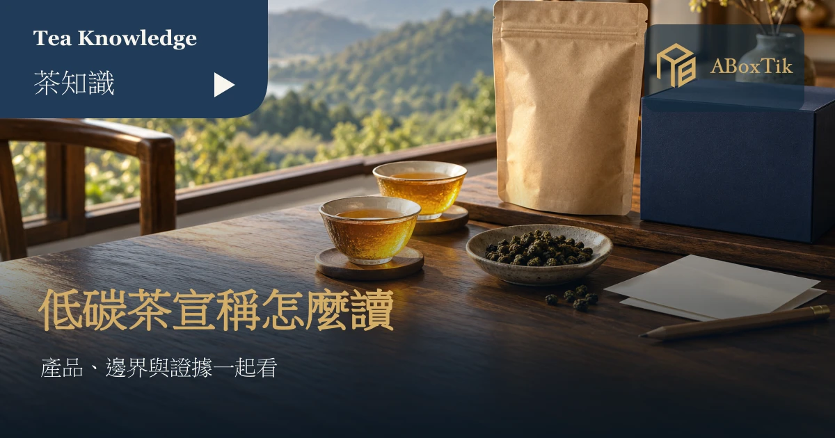 茶桌上的茶杯、茶葉與空白資料卡，呈現低碳茶資訊查核情境