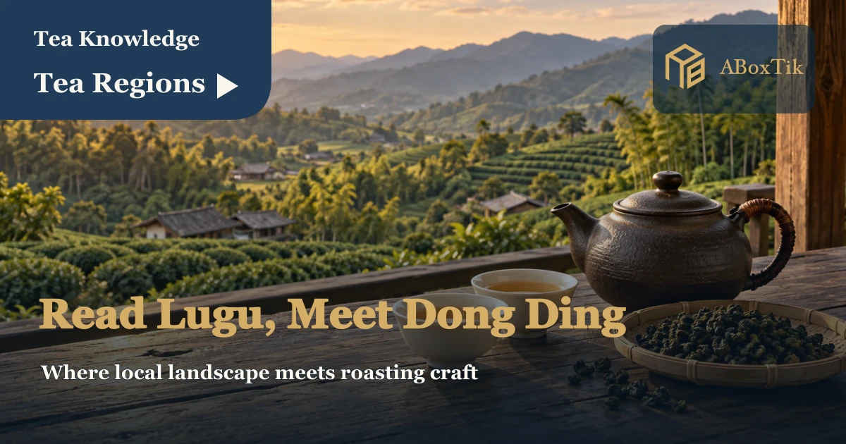 White tasting cups and a teapot on a wooden tea table overlooking distant green hills