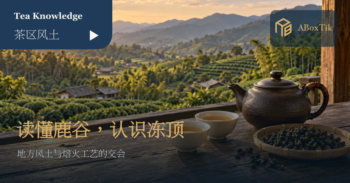 木造茶席上的白瓷茶杯、茶壶与远方丘陵茶园景象