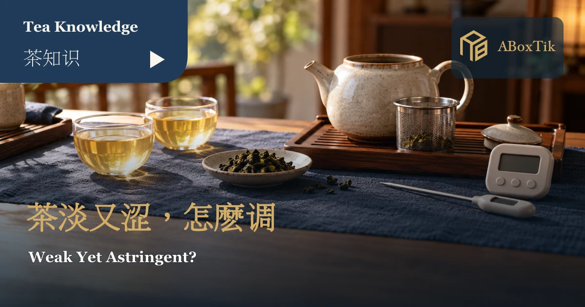 茶壶、浅金色茶汤、滤网与计时器的冲泡桌面