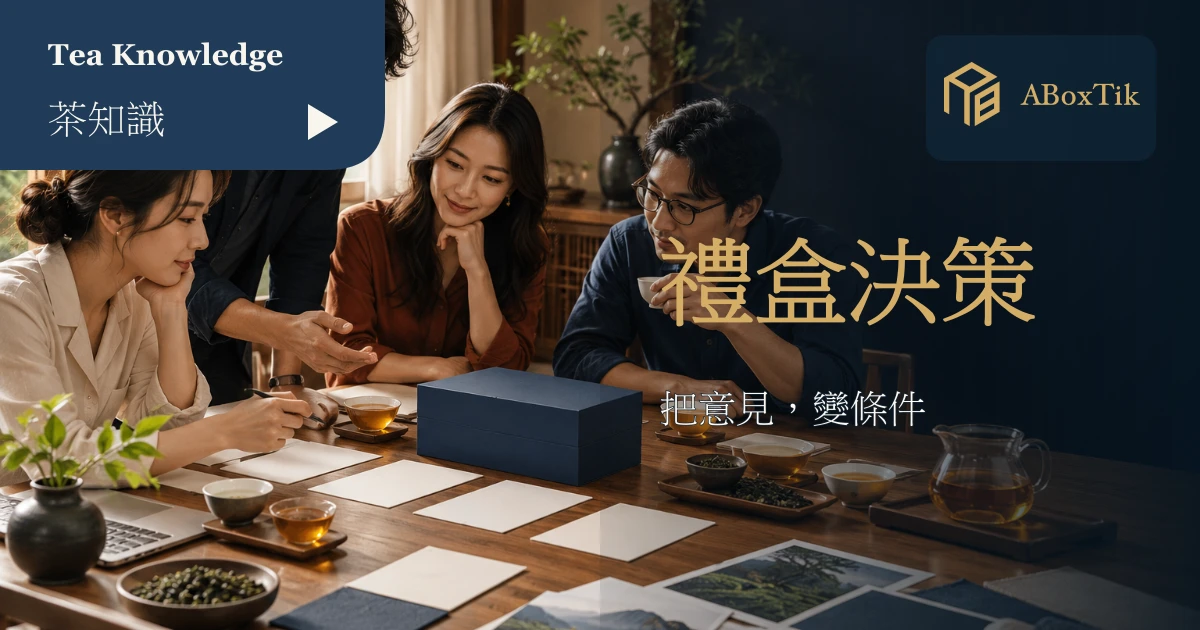 團隊討論素色茶禮盒與需求卡片的情境