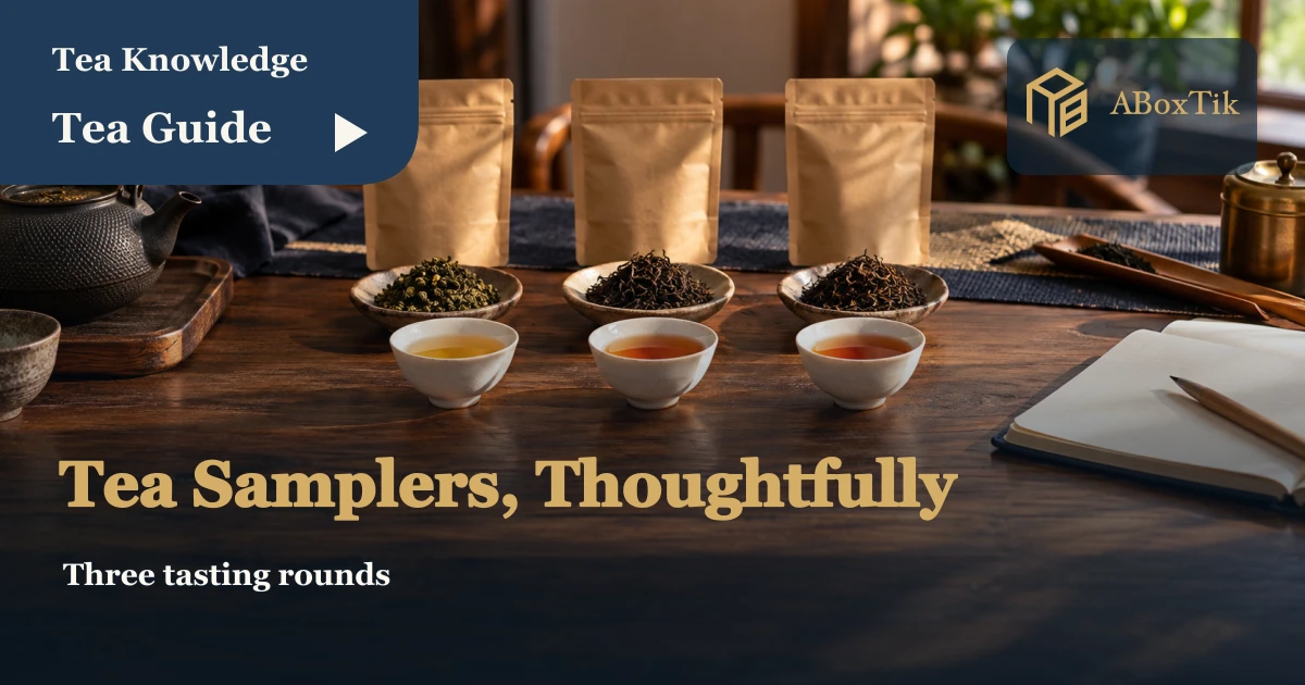 Small tea sample pouches, three tasting cups and a notebook on a warm tea table