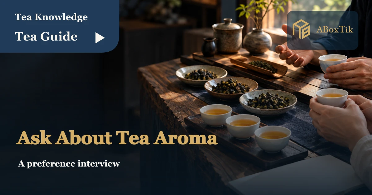 Tasting cups, loose tea dishes and a blank notebook at a tea counter