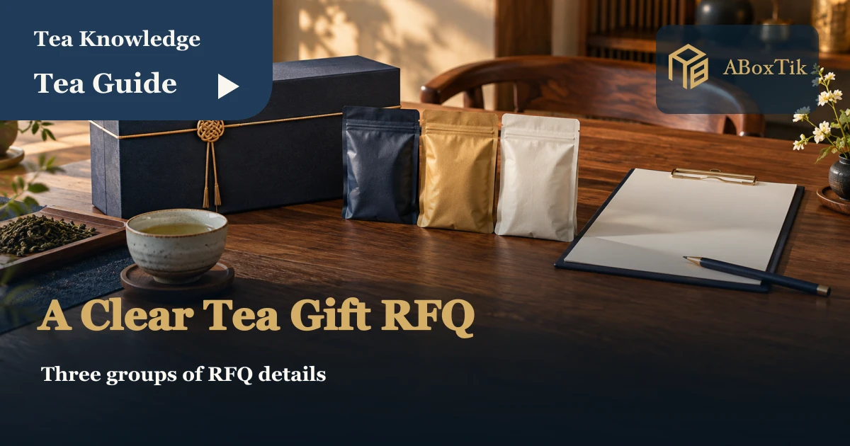 Tea gift box, pouches and a blank quotation clipboard on a table