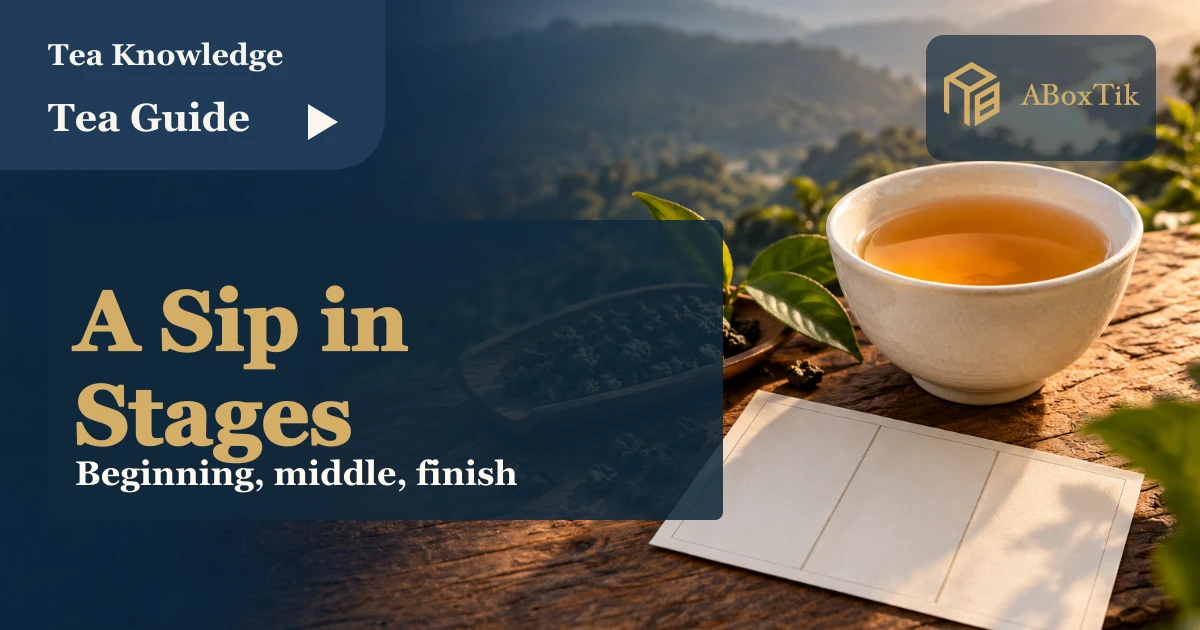 Tea Tasting in Stages: Beginning, Middle and Finish - ABoxTik 一盒精品 1 A cup of oolong tea beside a blank three-stage tasting card