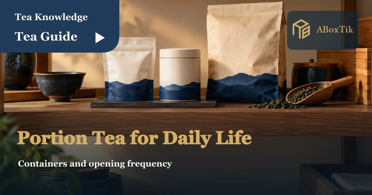 A small opaque tea pouch, lidded tin and original packet