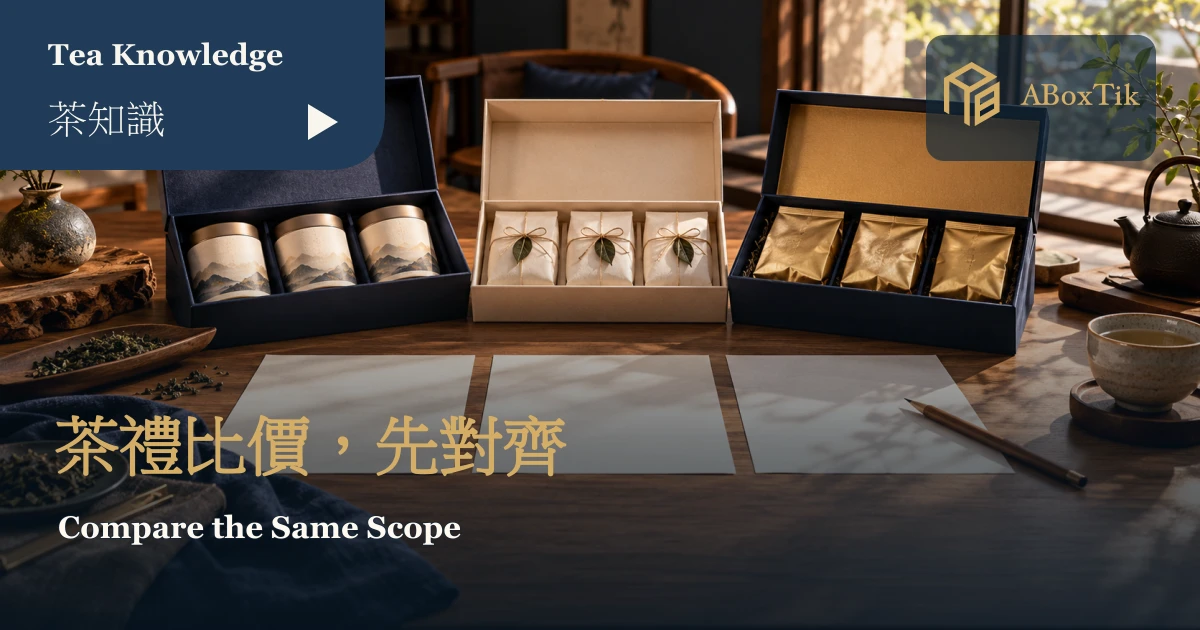 茶禮盒比價表怎麼做?三家報價同口徑比較指南 - ABoxTik 一盒精品 1 三款茶禮盒、空白報價表與茶杯