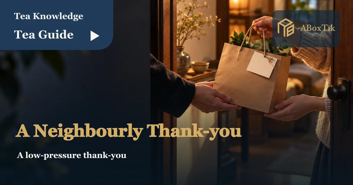 Neighbours exchanging a modest tea gift and note at a doorway