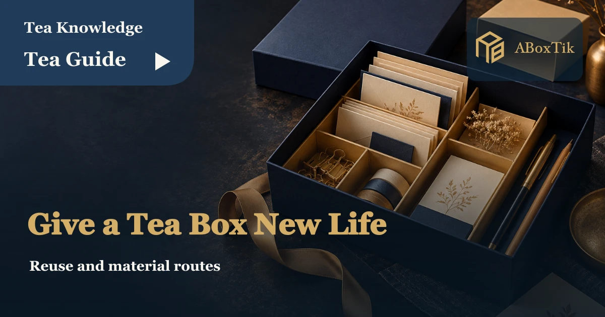 An empty tea box reused to organize cards and stationery