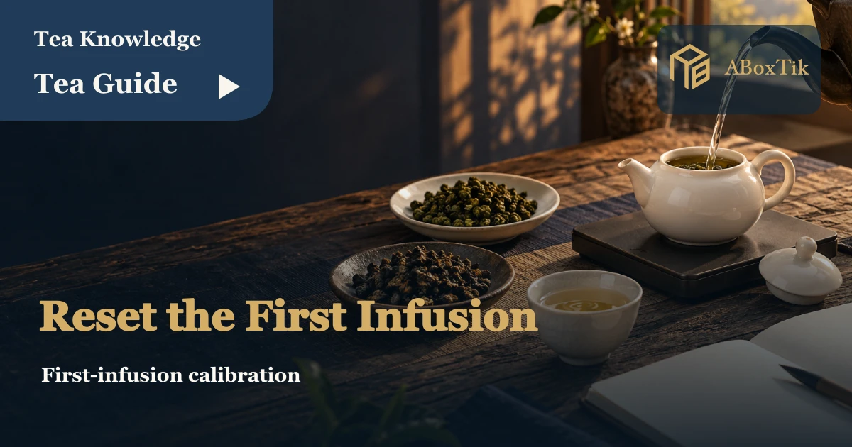 A teapot, two tea samples and first-infusion preparation tools