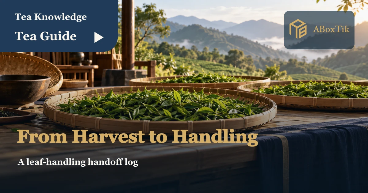 Fresh tea leaves spread in shallow bamboo trays in an airy workshop