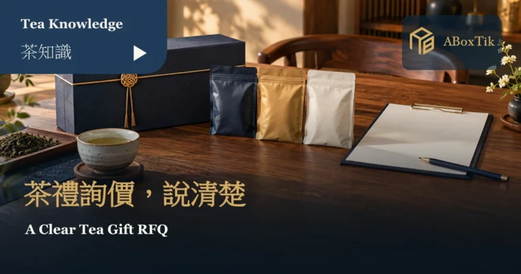 茶禮盒、茶袋與空白詢價夾板的桌面陳列