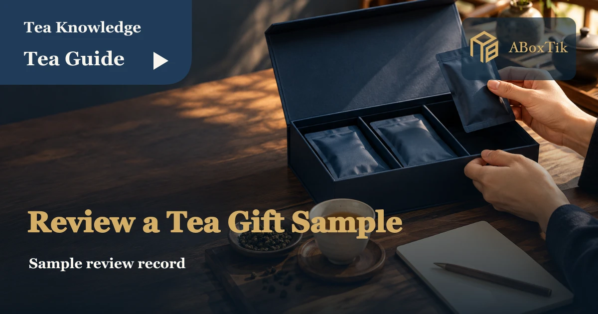 Hands examining a plain tea gift sample, insert and individual packets