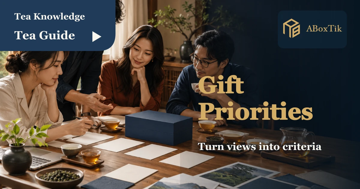 Corporate Tea Gift Decisions: Set Clear Priorities - ABoxTik 一盒精品 1 A team discussing a plain tea gift box and requirement cards