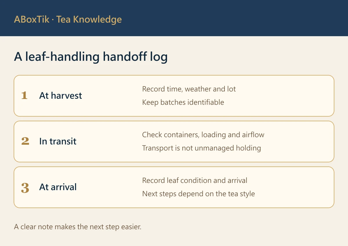 fresh tea leaf handling — A leaf-handling handoff log