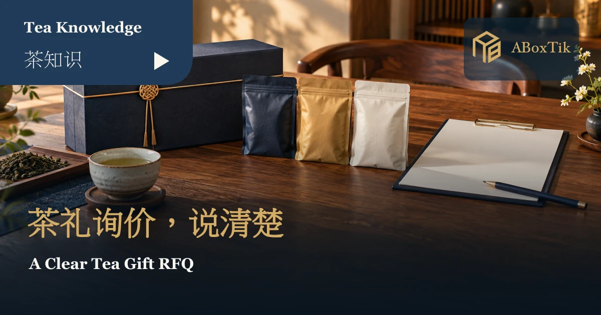 茶礼盒、茶袋与空白询价夹板的桌面陈列