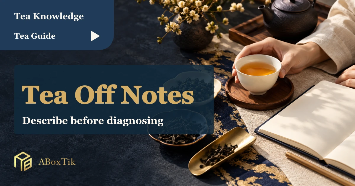A white cup, dry tea and blank notes for off-note observation