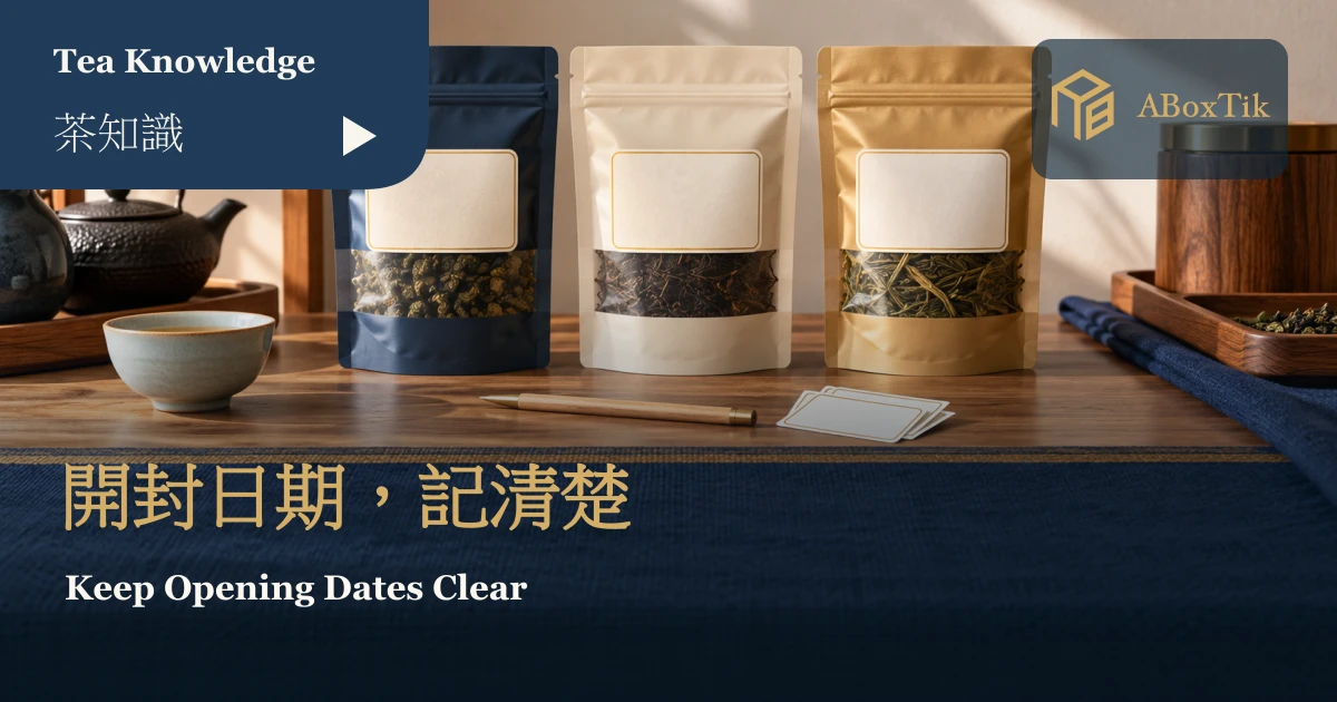 三袋茶葉、鉛筆與空白外貼標籤的收納桌面