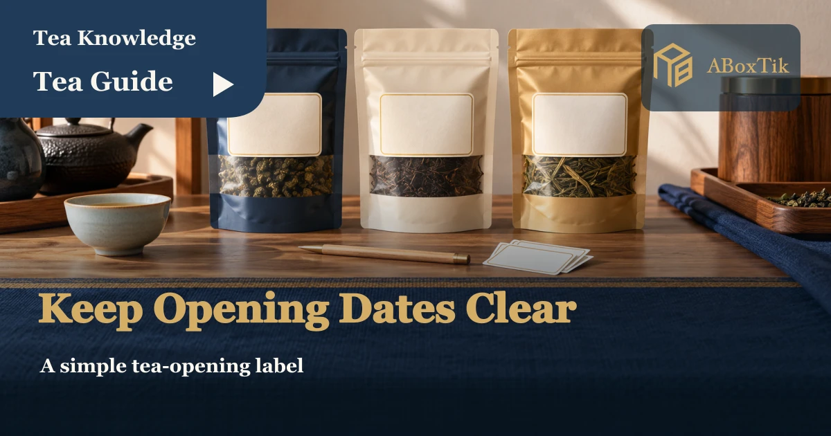 How to Label Tea Opening Dates Without Losing the Original Details - ABoxTik 一盒精品 1 Three tea pouches, a pencil and blank adhesive labels arranged for storage notes