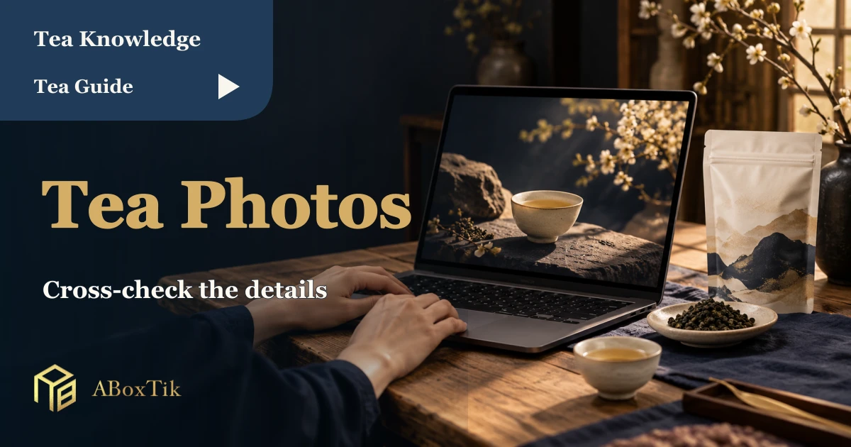 Tea-photo cross-check with a laptop, tea package and dry leaves