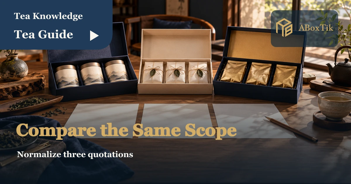 Three tea gift boxes, blank quotation sheets and a tea cup