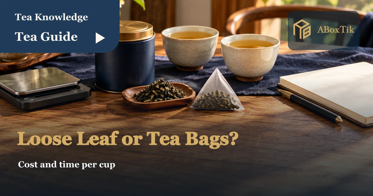 Loose tea, a tea bag, matching cups and a cost notebook