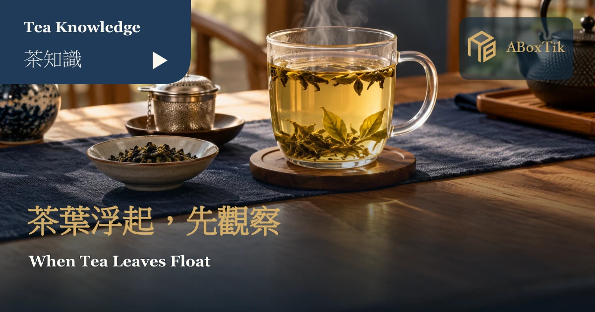 透明杯中浮起與展開的茶葉、旁置濾器