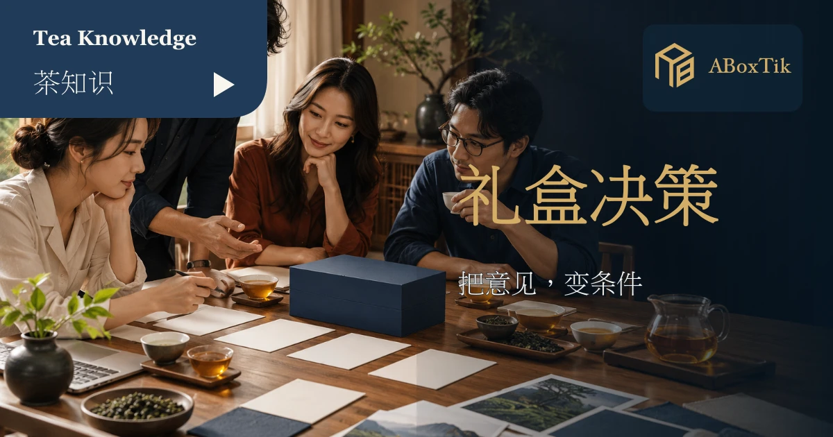 企业礼盒意见不同怎麽办?把主管与采购需求排出优先顺序 - ABoxTik 一盒精品 1 团队讨论素色茶礼盒与需求卡片的情境