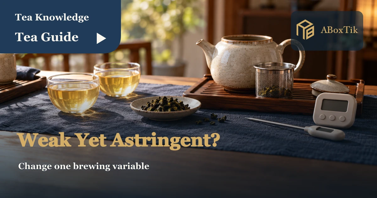 A teapot, pale golden tea, infuser and timer on a brewing table