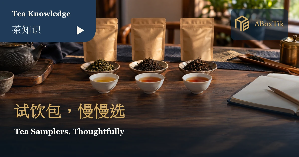 少量茶样袋、三只品饮杯与笔记本的暖色茶席