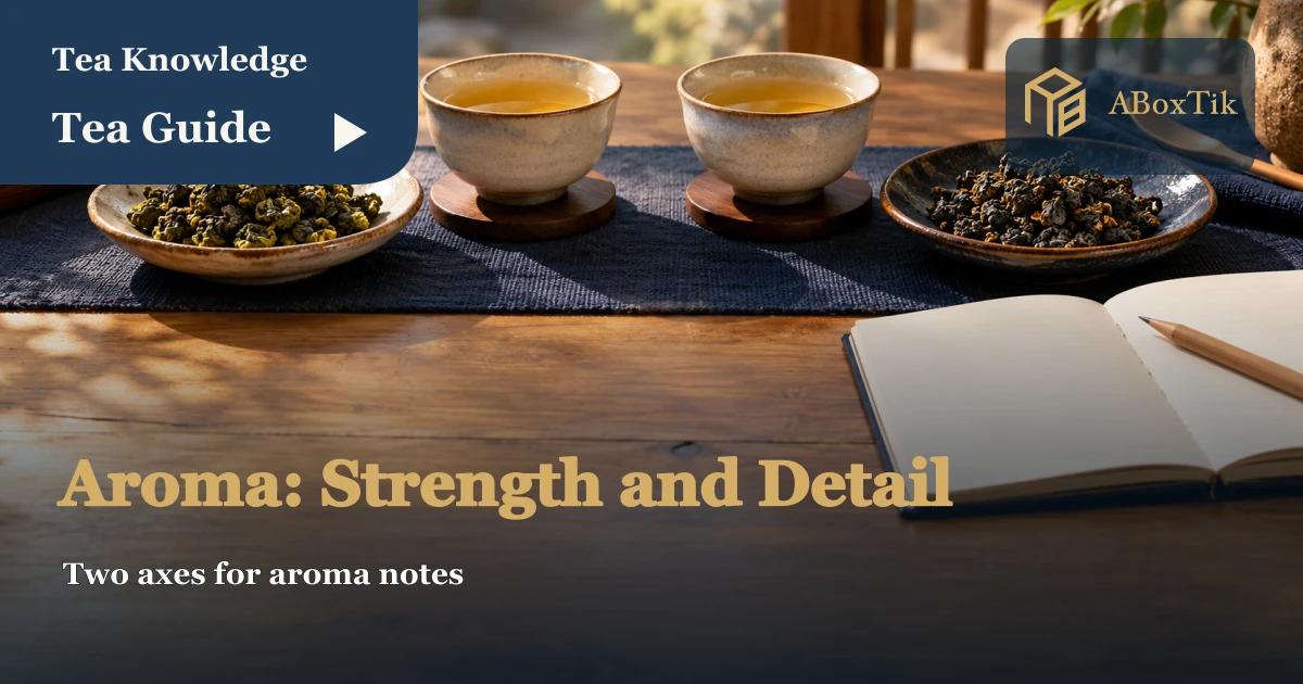 Two tea cups, dry leaves and a two-axis observation notebook