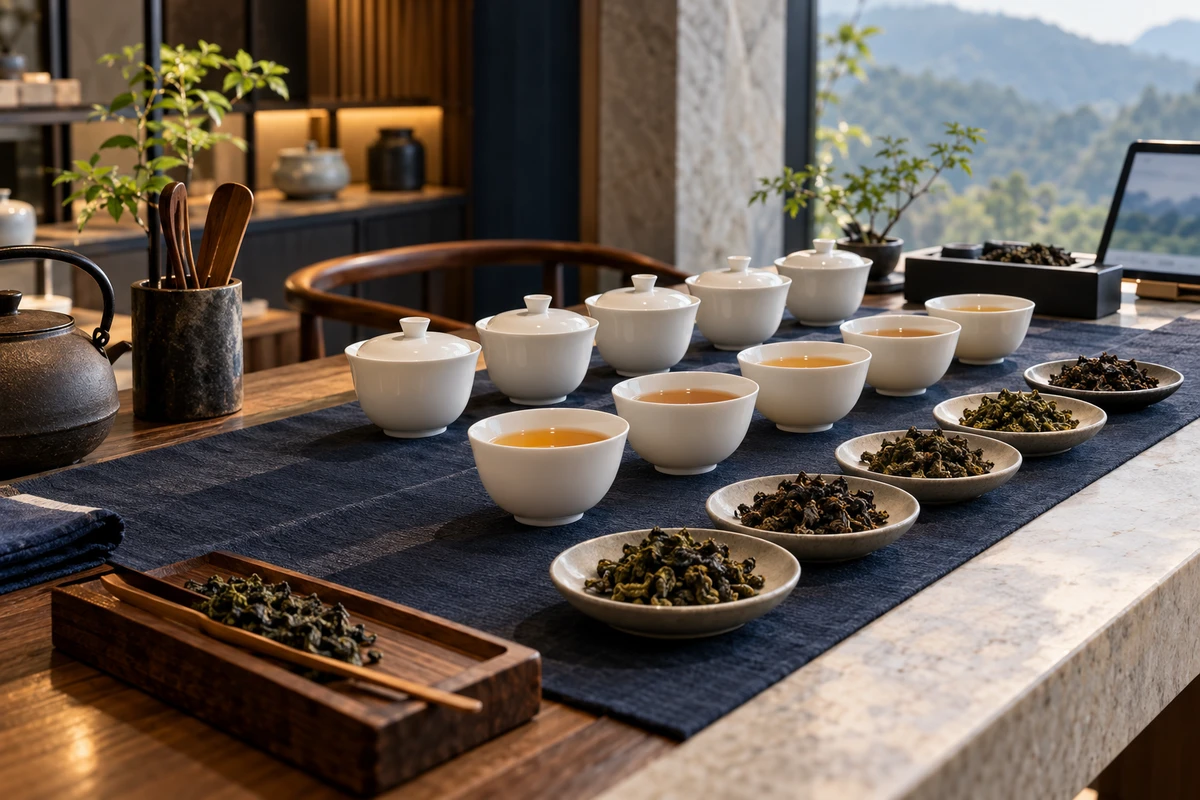白色评茶杯、干茶样本与不显示分数的数字记录工具，用来回看茶叶品质
