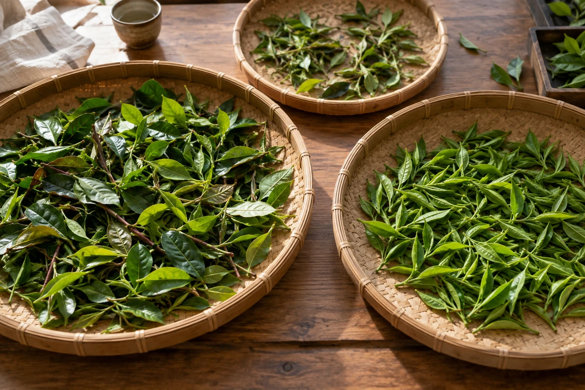 Fresh tea leaves sorted in shallow trays to show leaf uniformity and handling