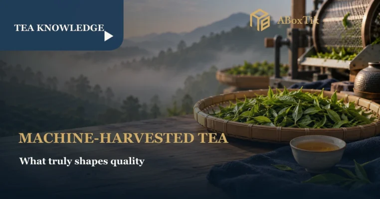Uniform fresh tea leaves, a tea cup and tea-making equipment in a Taiwanese tea-production setting