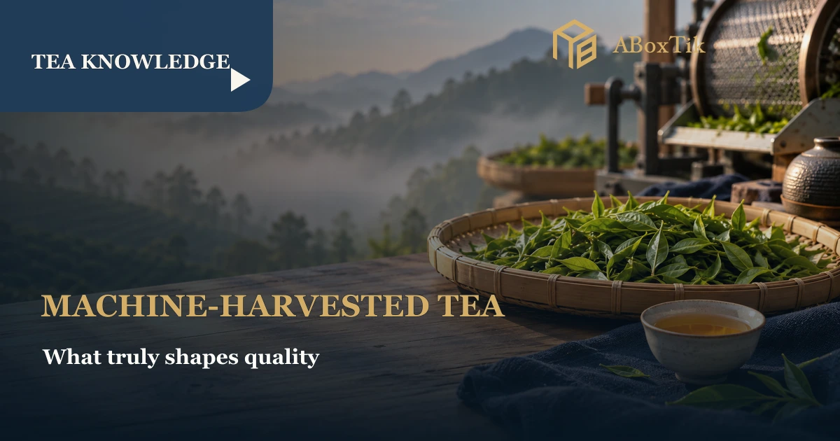 Uniform fresh tea leaves, a tea cup and tea-making equipment in a Taiwanese tea-production setting