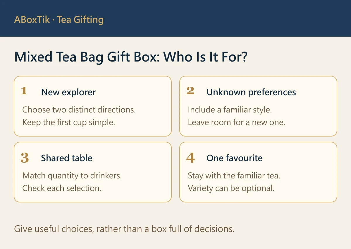 Mixed tea bag gift box choices for new explorers, unknown preferences, sharing and one favourite tea