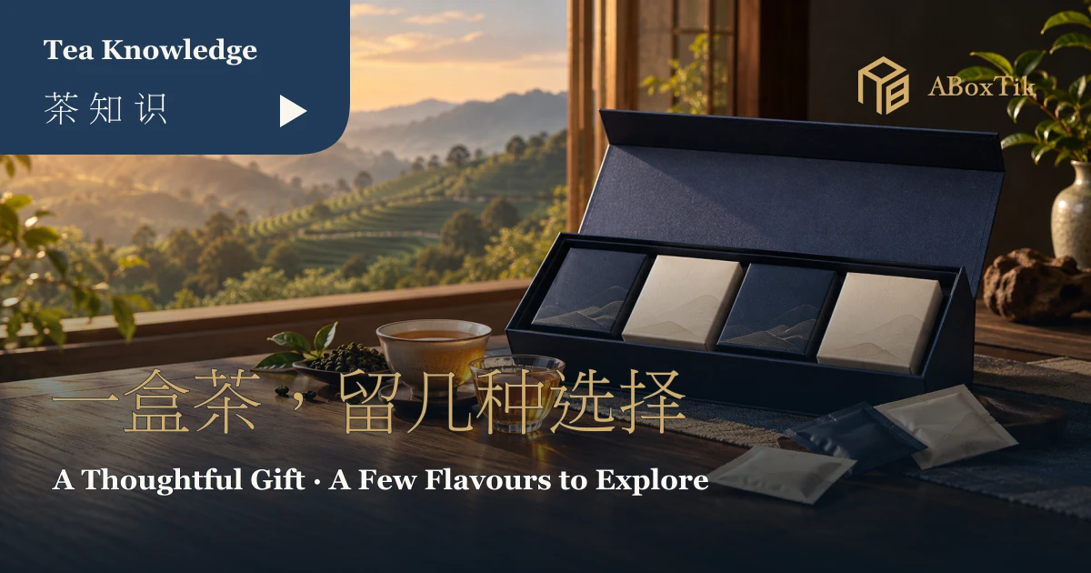 窗边茶席上的深蓝开盖礼盒、四个小茶盒与两杯茶，呈现综合茶包礼盒的探索场景
