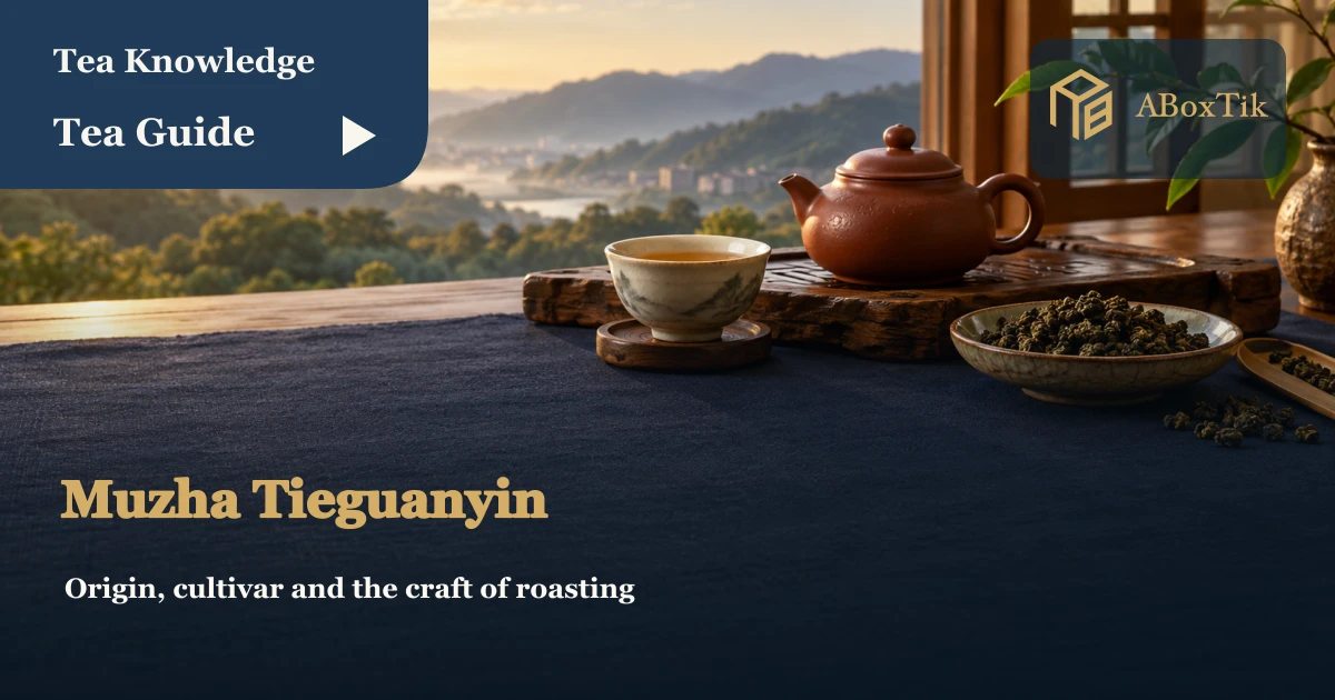 A clay teapot, porcelain cup and dark oolong leaves on warm wood, with green hills beyond a window