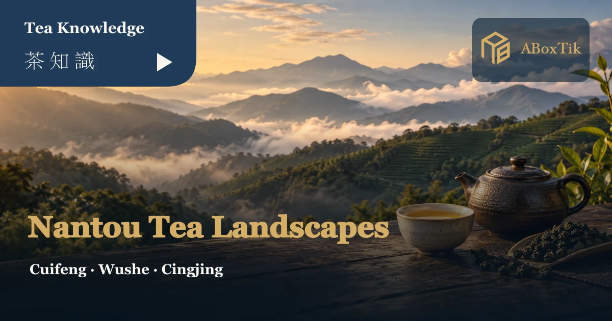 Illustration of Nantou high mountain tea regions with layered misty slopes, a ceramic teapot and one cup of oolong